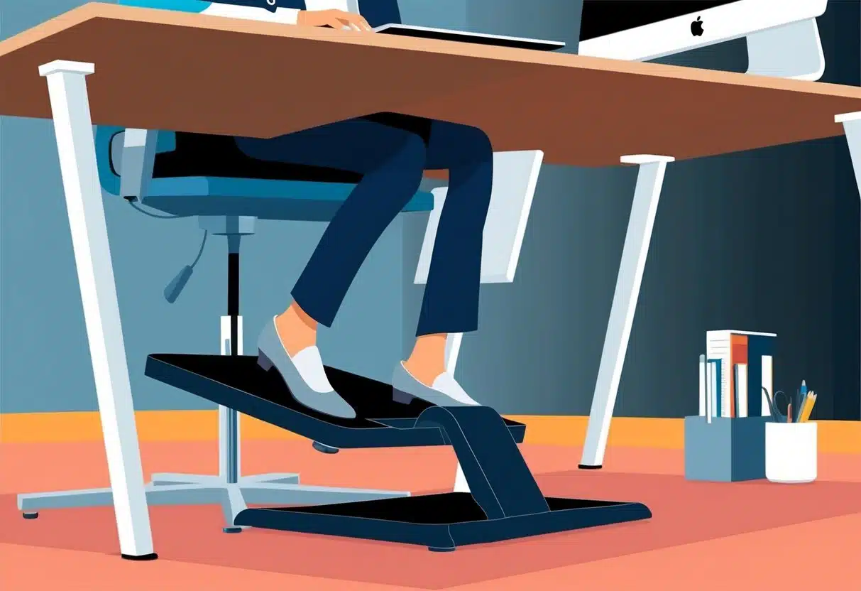 Ein ergonomischer Fußstütze, die unter einem Schreibtisch in einem modernen Büroumfeld positioniert ist, mit einem Computer und anderen Büromaterialien in der Nähe.