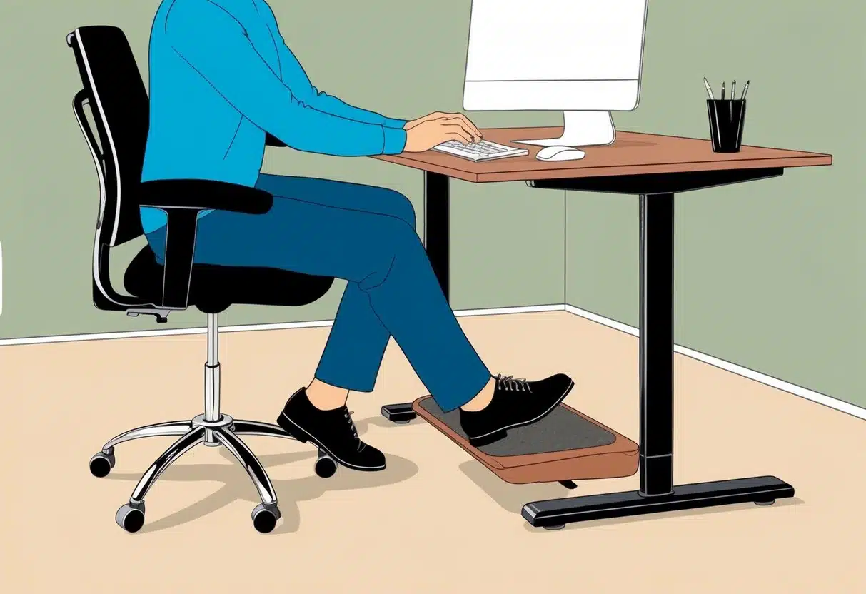 Eine Person, die an einem Schreibtisch mit einer ergonomischen Fußstütze sitzt und beim Arbeiten am Computer verbesserten Komfort und eine bessere Haltung genießt.