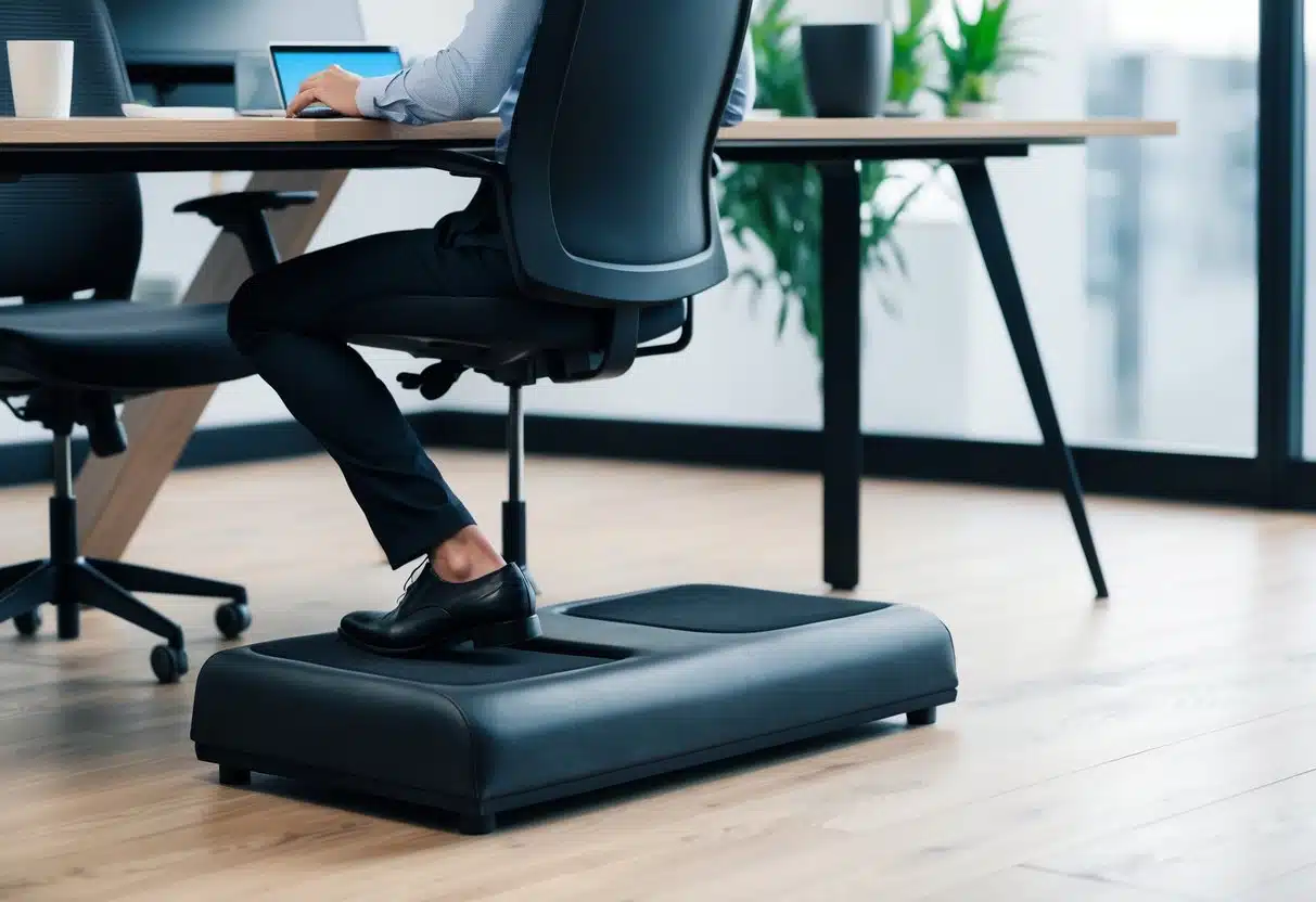 Ein hochwertiger Fußstütze in einem modernen Büroumfeld, die ergonomischen Komfort und Unterstützung für lange Arbeitsstunden am Schreibtisch bietet.