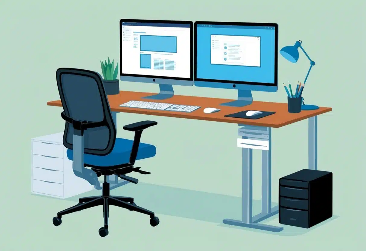 Ein gut organisiertes Schreibtisch mit einem verstellbaren Stuhl, einem Computerbildschirm auf Augenhöhe und einer ergonomischen Tastatur und Maus. Eine Stehpult-Option ist ebenfalls verfügbar.