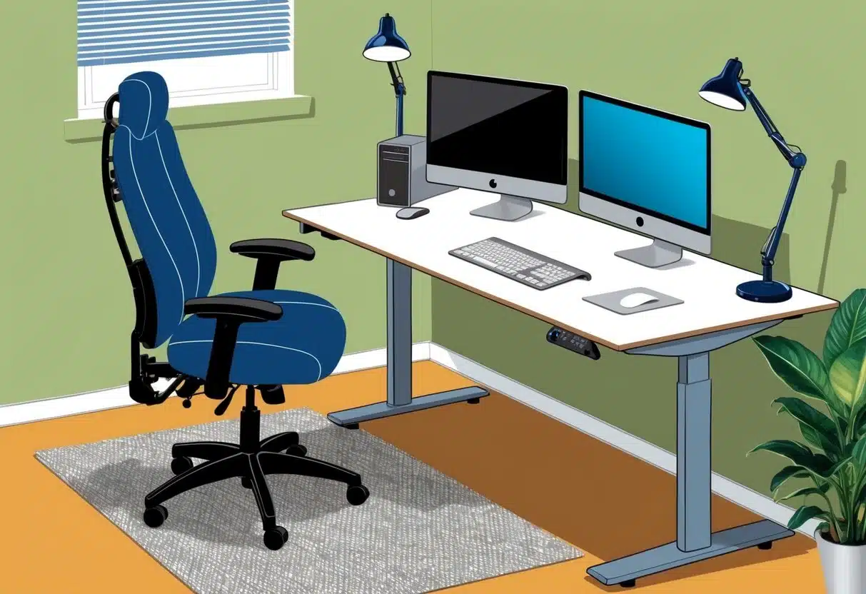 Ein gut organisiertes und komfortables Arbeitsumfeld mit einem verstellbaren Stuhl, einem ergonomischen Schreibtisch, angemessener Beleuchtung und Computergeräten, die für eine optimale Nutzung positioniert sind.