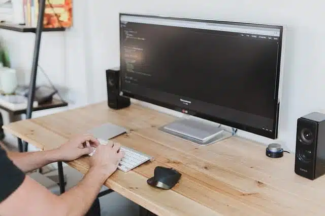 computer, desk, work