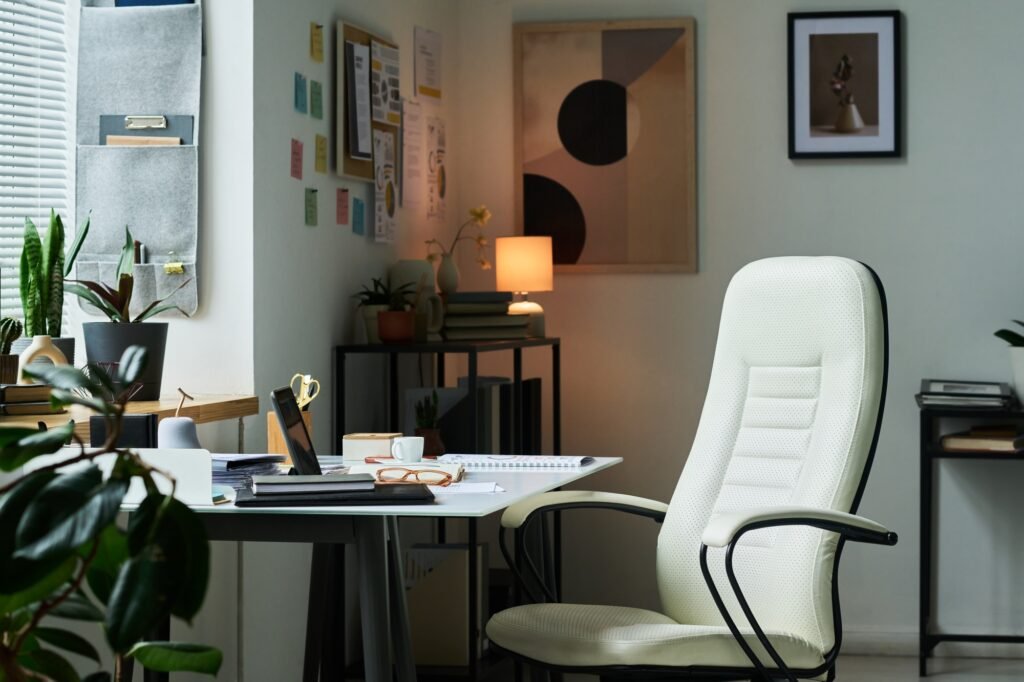 Modern Home Office Setup with White Ergonomic Chair