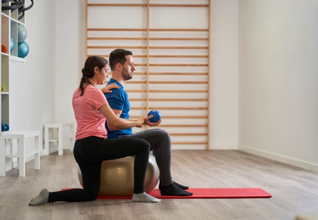 a young woman instructing a man on the correct posture for exercising