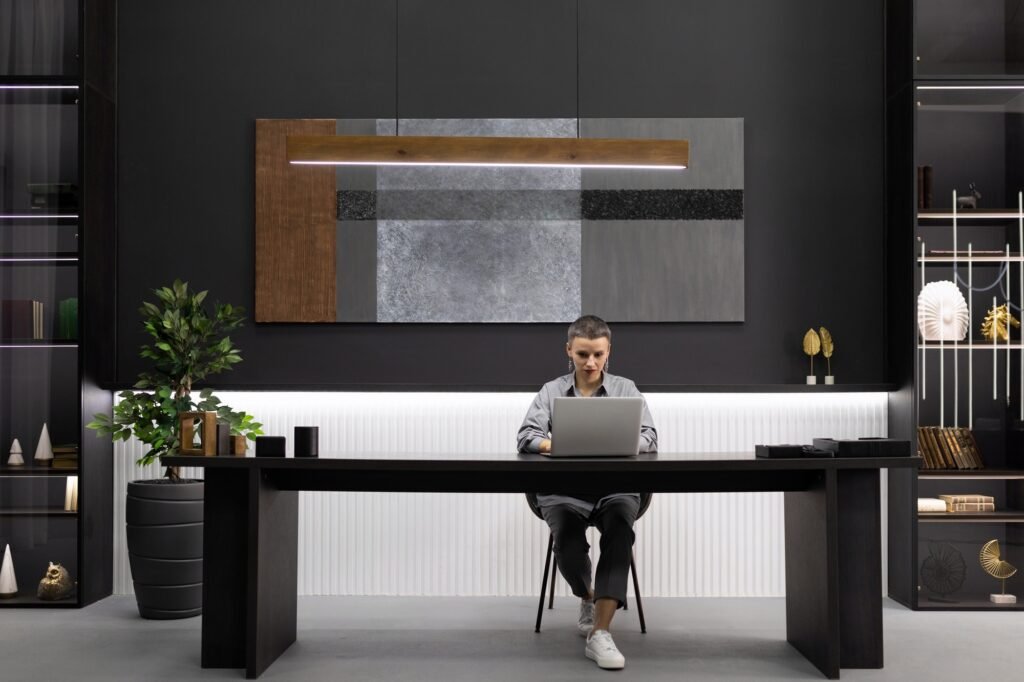 Business woman head of the office sitting Behind an expensive furniture office desk working on a