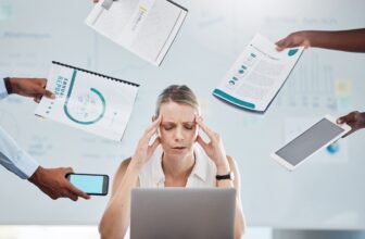Stress, anxiety and business woman working under pressure with mental health burnout in busy, task