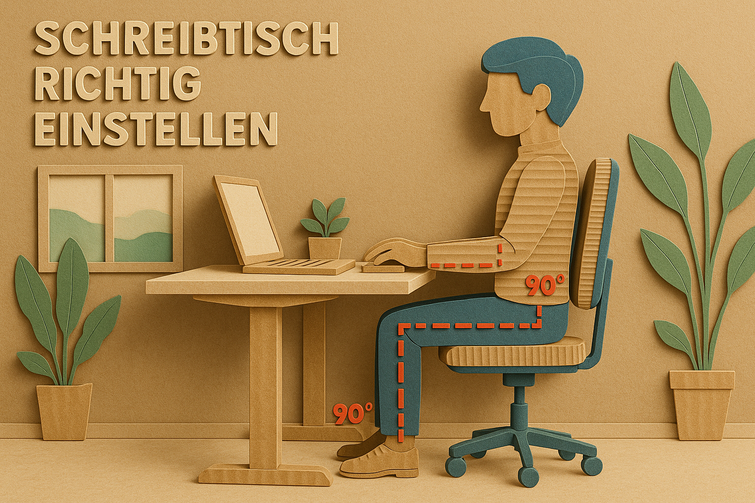 Vergleich richtige und falsche Sitzhaltung am Schreibtisch mit Winkelmarkierungen