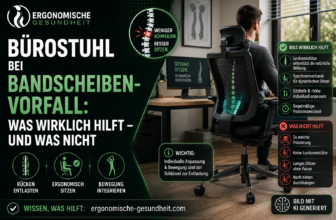 Titelbild zum Thema Bürostuhl bei Bandscheibenvorfall mit ergonomischem Stuhl, Rückenstütze, Homeoffice-Szene und Vergleich zwischen hilfreichen und ungeeigneten Sitzlösungen.