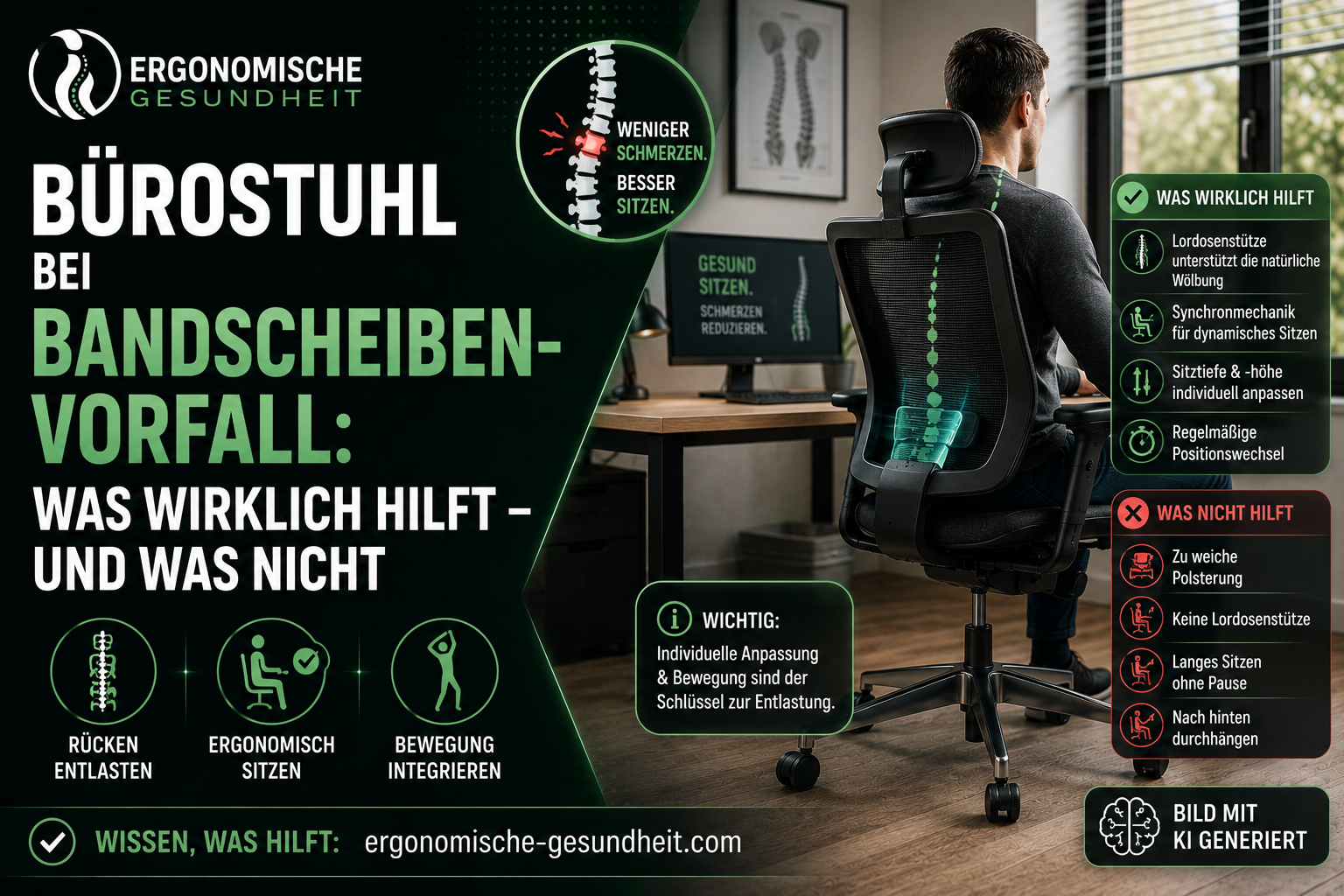 Titelbild zum Thema Bürostuhl bei Bandscheibenvorfall mit ergonomischem Stuhl, Rückenstütze, Homeoffice-Szene und Vergleich zwischen hilfreichen und ungeeigneten Sitzlösungen.