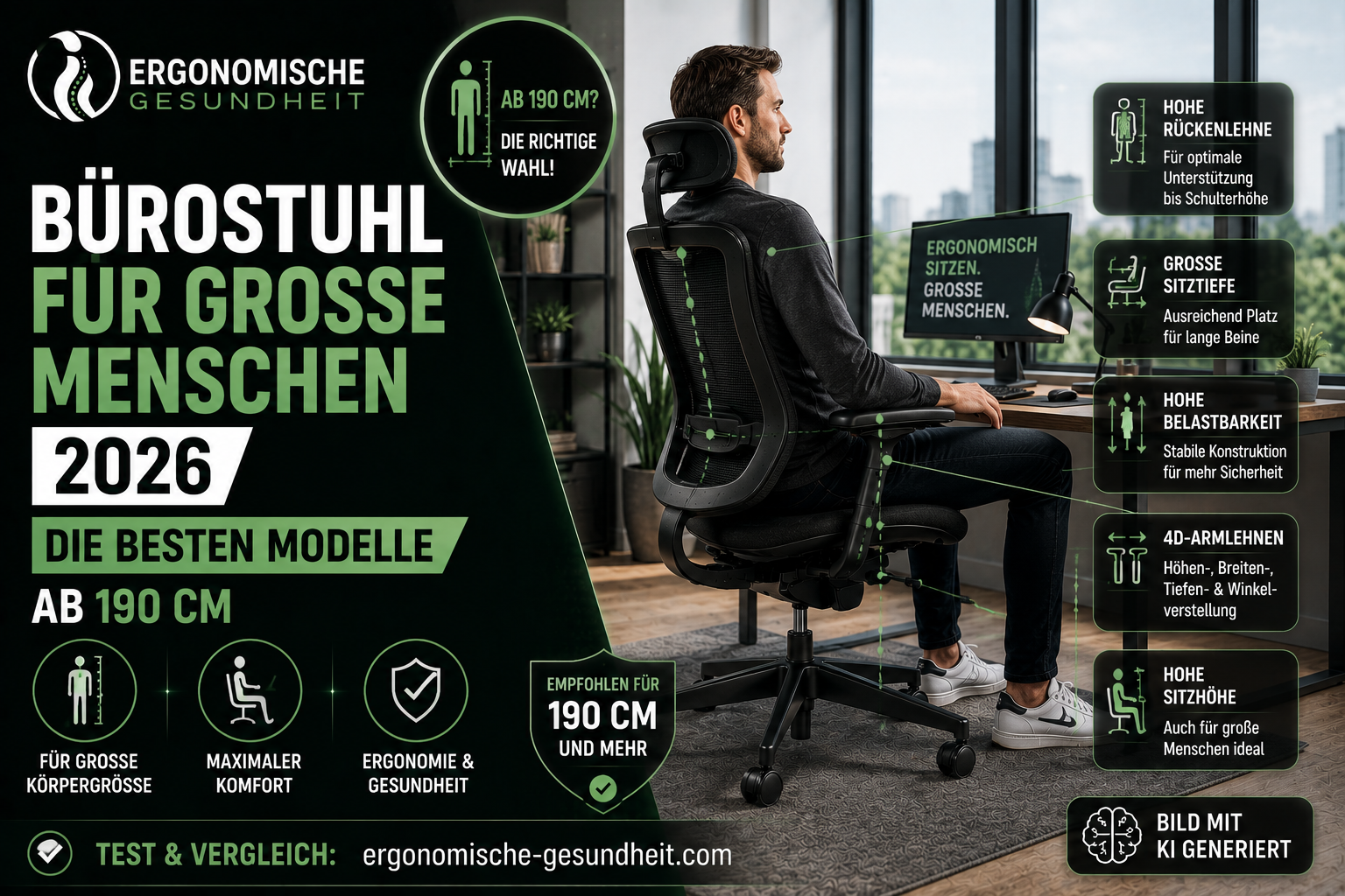 Titelbild zum Thema Bürostuhl für große Menschen 2026 mit großer sitzender Person, ergonomischem Bürostuhl und Hinweisen zu hoher Rückenlehne, Sitztiefe und Belastbarkeit.