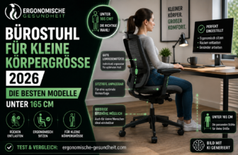 Titelbild zum Thema Bürostuhl für kleine Körpergröße 2026 mit ergonomischem Stuhl, kleiner sitzender Person und Einstellhinweisen für Menschen unter 165 cm.