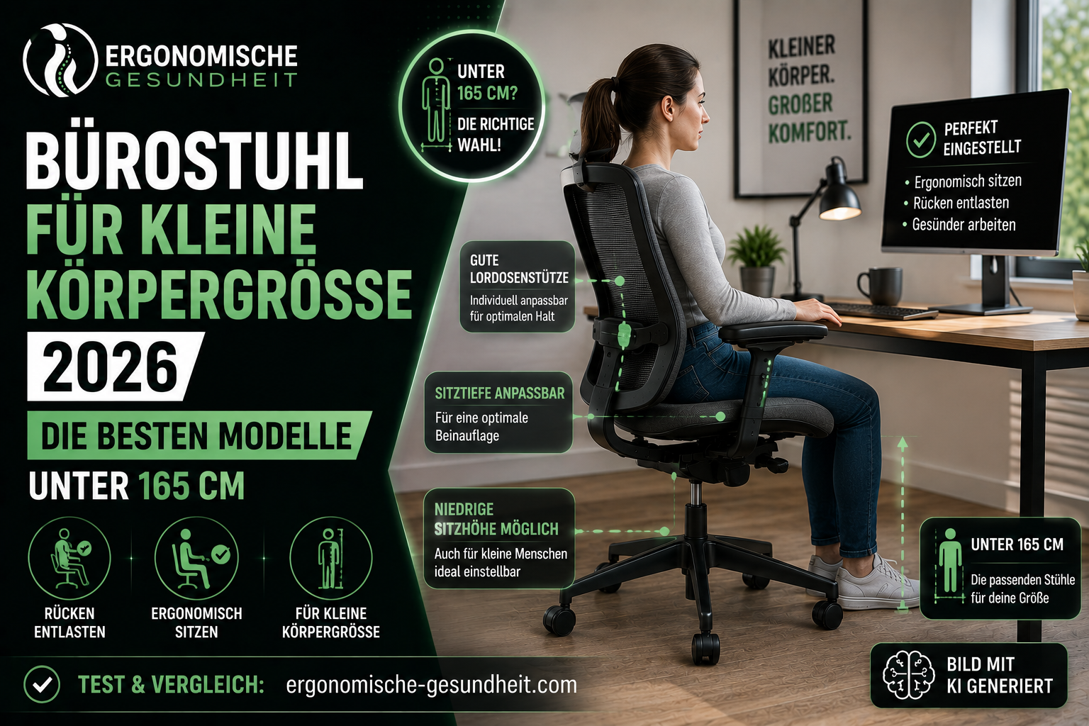 Titelbild zum Thema Bürostuhl für kleine Körpergröße 2026 mit ergonomischem Stuhl, kleiner sitzender Person und Einstellhinweisen für Menschen unter 165 cm.