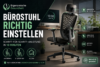Ergonomischer Bürostuhl mit markierten Einstellungspunkten für Sitzhöhe, Rückenstütze, Armlehnen und Sitztiefe in modernem Homeoffice.
