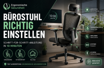 Ergonomischer Bürostuhl mit markierten Einstellungspunkten für Sitzhöhe, Rückenstütze, Armlehnen und Sitztiefe in modernem Homeoffice.