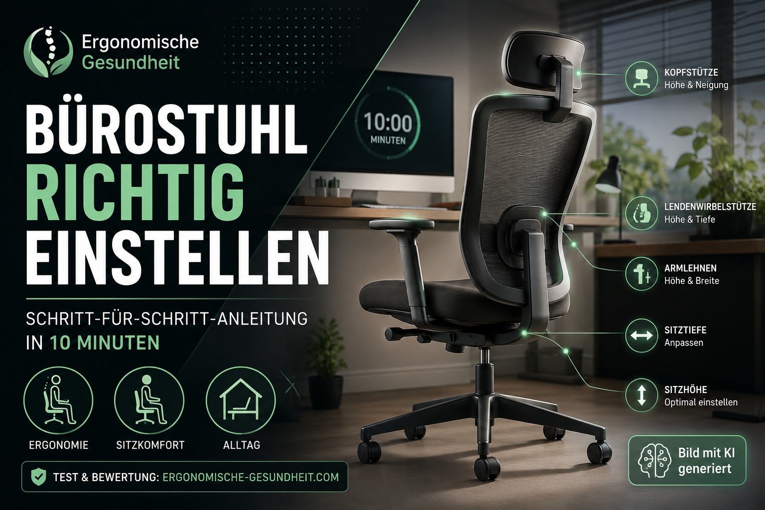 Ergonomischer Bürostuhl mit markierten Einstellungspunkten für Sitzhöhe, Rückenstütze, Armlehnen und Sitztiefe in modernem Homeoffice.