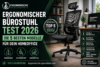 Titelbild zum ergonomischen Bürostuhl Test 2026 mit Top-5-Badge, modernem Homeoffice und schwarzem ergonomischem Bürostuhl.