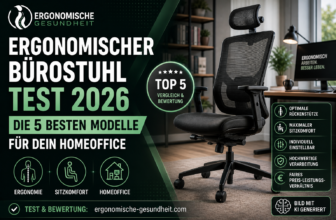 Titelbild zum ergonomischen Bürostuhl Test 2026 mit Top-5-Badge, modernem Homeoffice und schwarzem ergonomischem Bürostuhl.