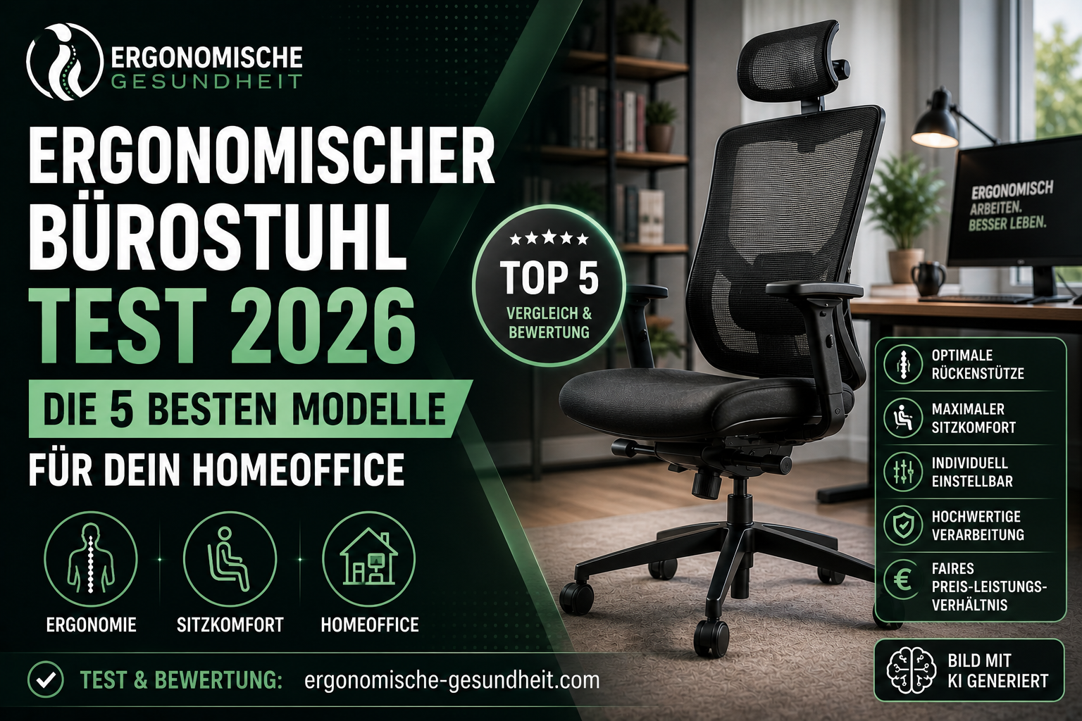 Titelbild zum ergonomischen Bürostuhl Test 2026 mit Top-5-Badge, modernem Homeoffice und schwarzem ergonomischem Bürostuhl.