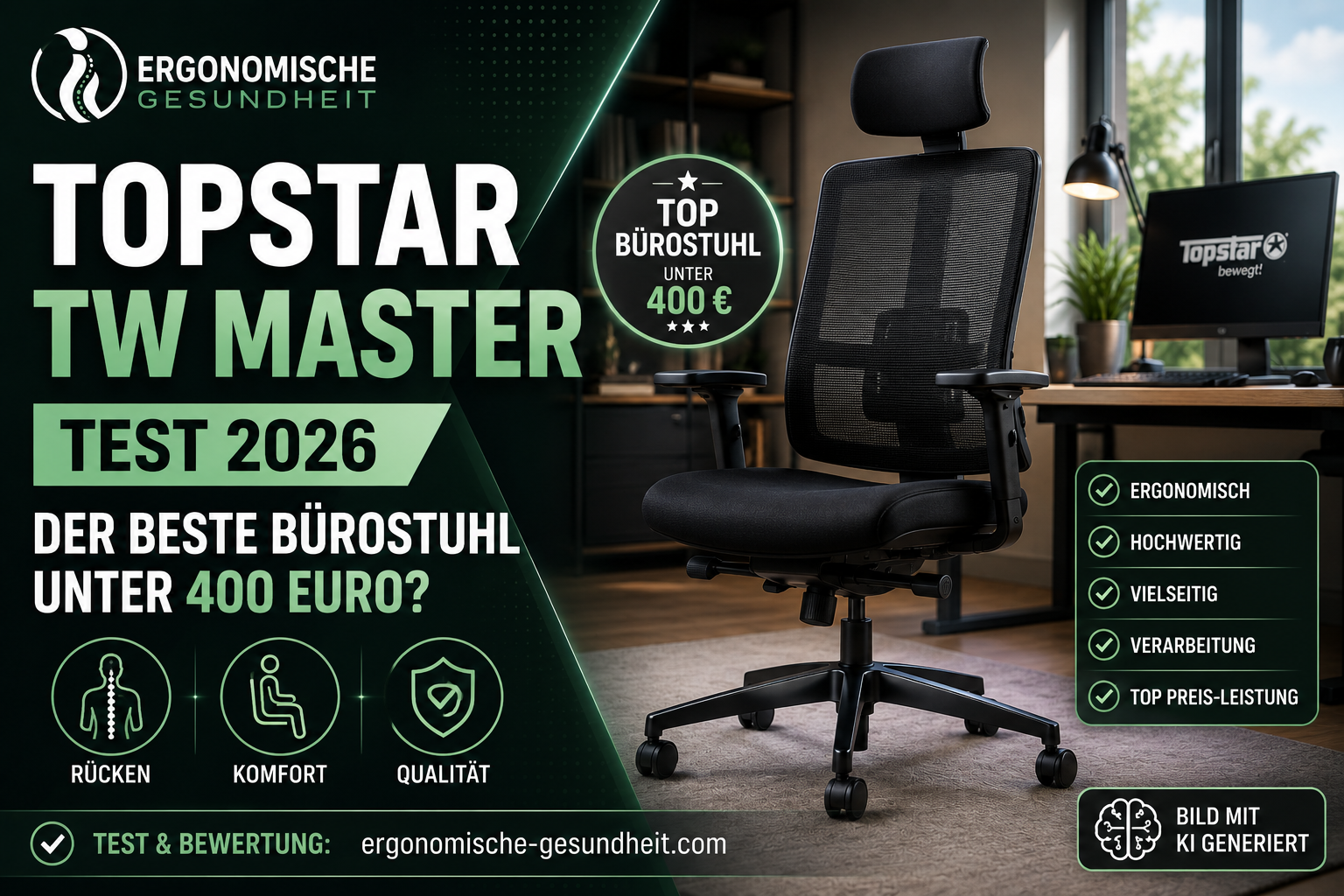 Vergleich zwischen Gaming-Stuhl und ergonomischem Bürostuhl 2026 mit VS-Badge, Homeoffice- und Gaming-Setup.