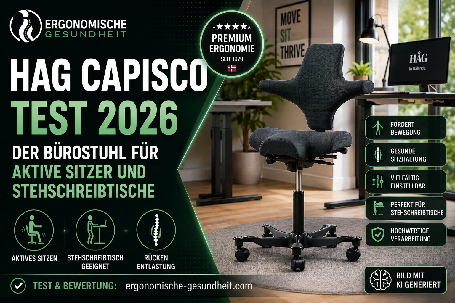 Titelbild zum HAG Capisco Test 2026 mit Sattelsitz-Bürostuhl, Stehschreibtisch und Homeoffice-Setup für aktives Sitzen.