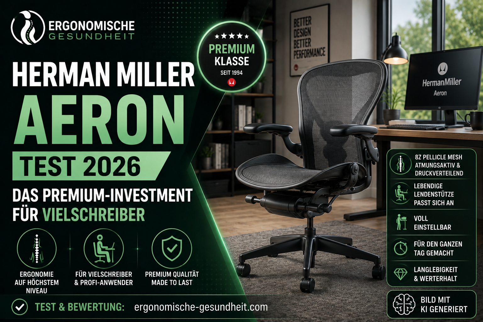Titelbild zum Herman Miller Aeron Test 2026 mit Premium-Bürostuhl, modernem Homeoffice und Fokus auf Ergonomie für Vielschreiber.