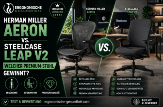 Titelbild zum Vergleich Herman Miller Aeron vs. Steelcase Leap V2 mit zwei Premium-Bürostühlen, VS-Badge und modernem Homeoffice.