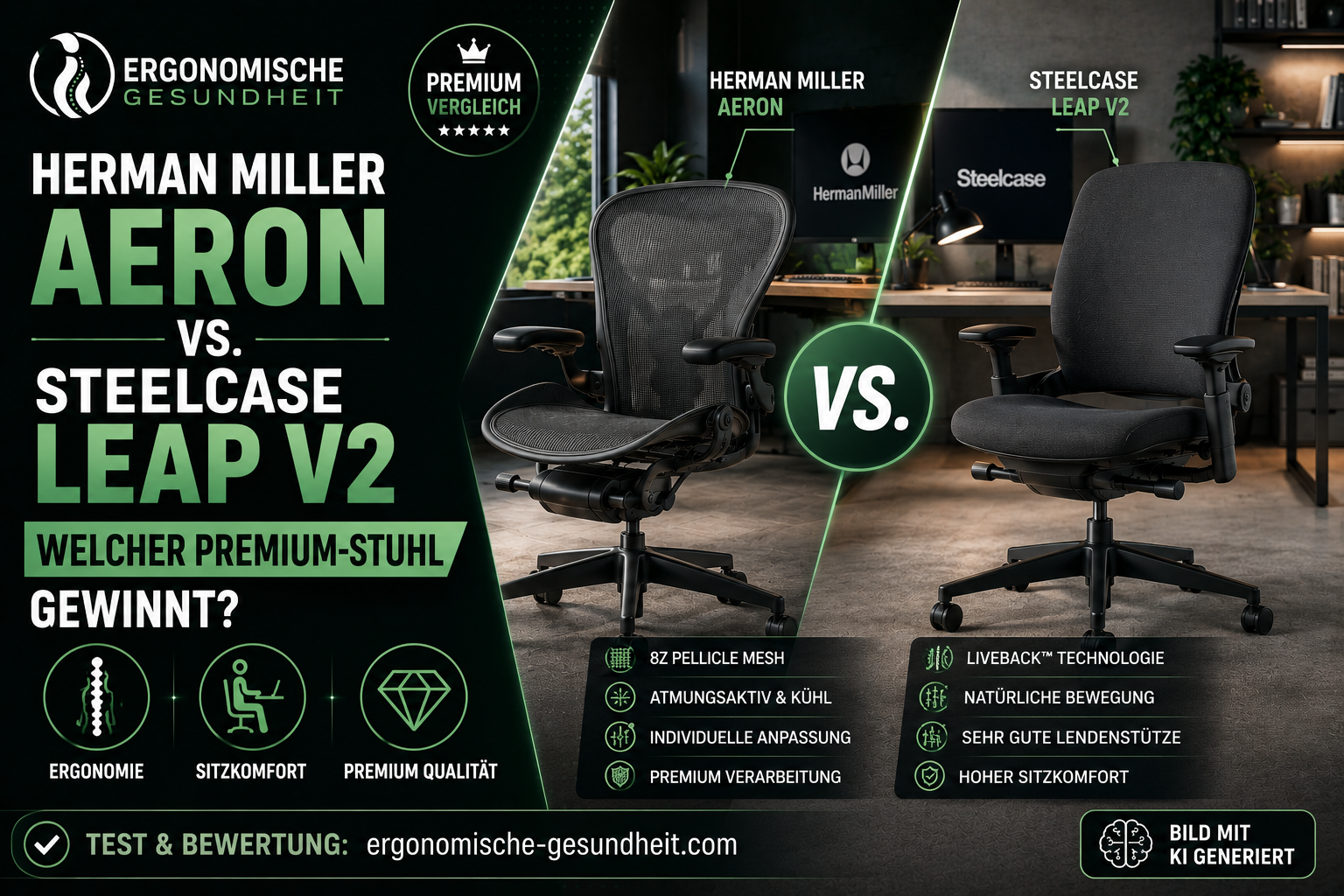 Titelbild zum Vergleich Herman Miller Aeron vs. Steelcase Leap V2 mit zwei Premium-Bürostühlen, VS-Badge und modernem Homeoffice.