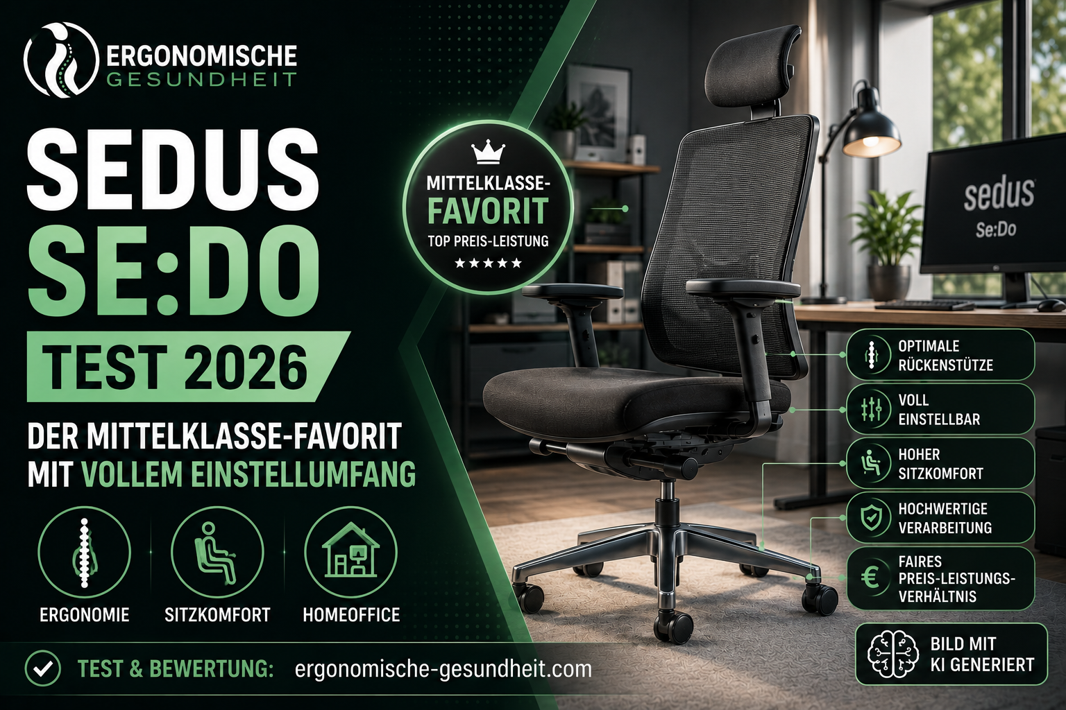 Titelbild zum Sedus Se:Do Test 2026 mit ergonomischem Bürostuhl, Mittelklasse-Favorit-Badge und modernem Homeoffice.