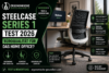 Titelbild zum Steelcase Series 1 Test 2026 mit ergonomischem Bürostuhl, modernem Homeoffice und Hinweisen zu Komfort, Rückenunterstützung und Büroqualität.