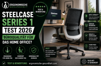 Titelbild zum Steelcase Series 1 Test 2026 mit ergonomischem Bürostuhl, modernem Homeoffice und Hinweisen zu Komfort, Rückenunterstützung und Büroqualität.