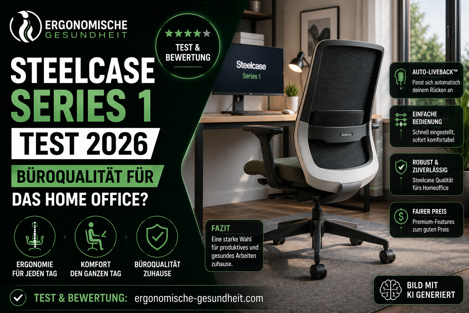 Titelbild zum Steelcase Series 1 Test 2026 mit ergonomischem Bürostuhl, modernem Homeoffice und Hinweisen zu Komfort, Rückenunterstützung und Büroqualität.