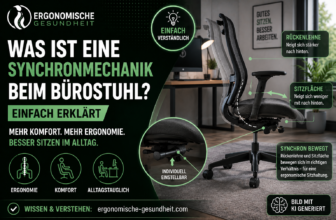 Titelbild zur Erklärung der Synchronmechanik beim Bürostuhl mit ergonomischem Stuhl, Bewegungsdiagramm und Homeoffice-Hintergrund.