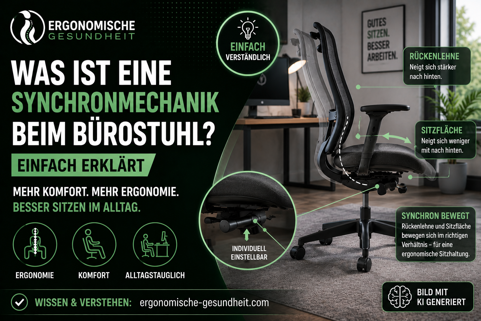 Titelbild zur Erklärung der Synchronmechanik beim Bürostuhl mit ergonomischem Stuhl, Bewegungsdiagramm und Homeoffice-Hintergrund.