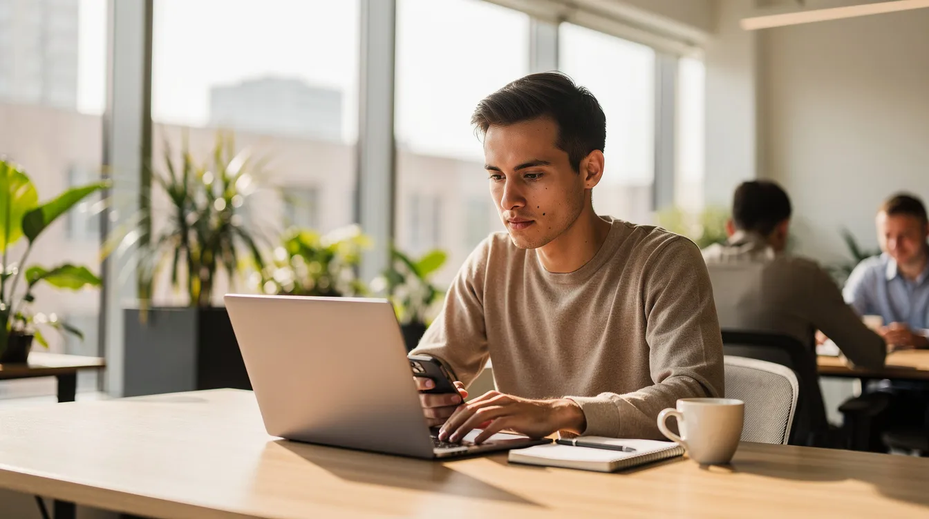 Eine Person sitzt an einem hellen Schreibtisch in einem Coworking-Space und arbeitet konzentriert mit einem Laptop und einem Smartphone. Der Arbeitsplatz ist modern gestaltet und bietet eine angenehme Atmosphäre für produktives Arbeiten.