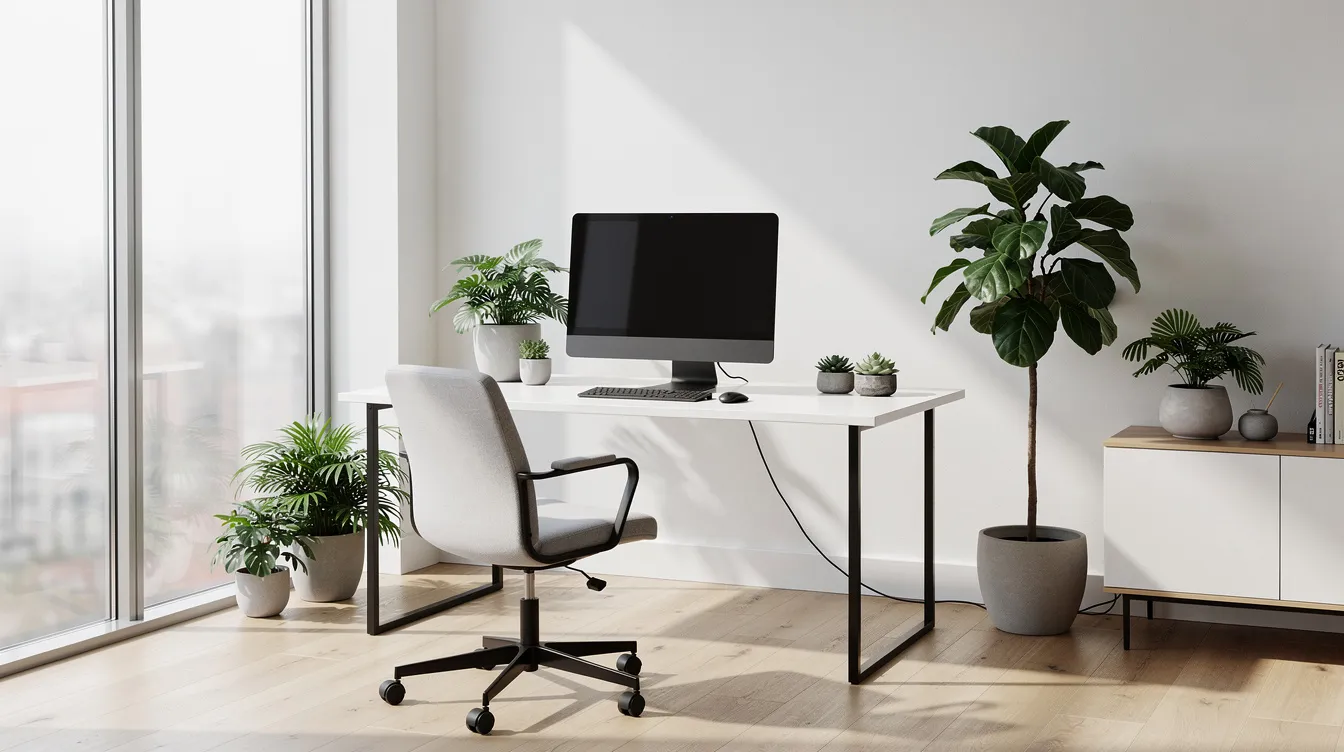 Ein moderner, heller Büroarbeitsplatz mit einem großen Fenster, einem Schreibtisch, einem Monitor und grünen Pflanzen schafft eine angenehme Arbeitsatmosphäre. Der Raum ist optimal gestaltet, um Produktivität und Wohlbefinden zu fördern.