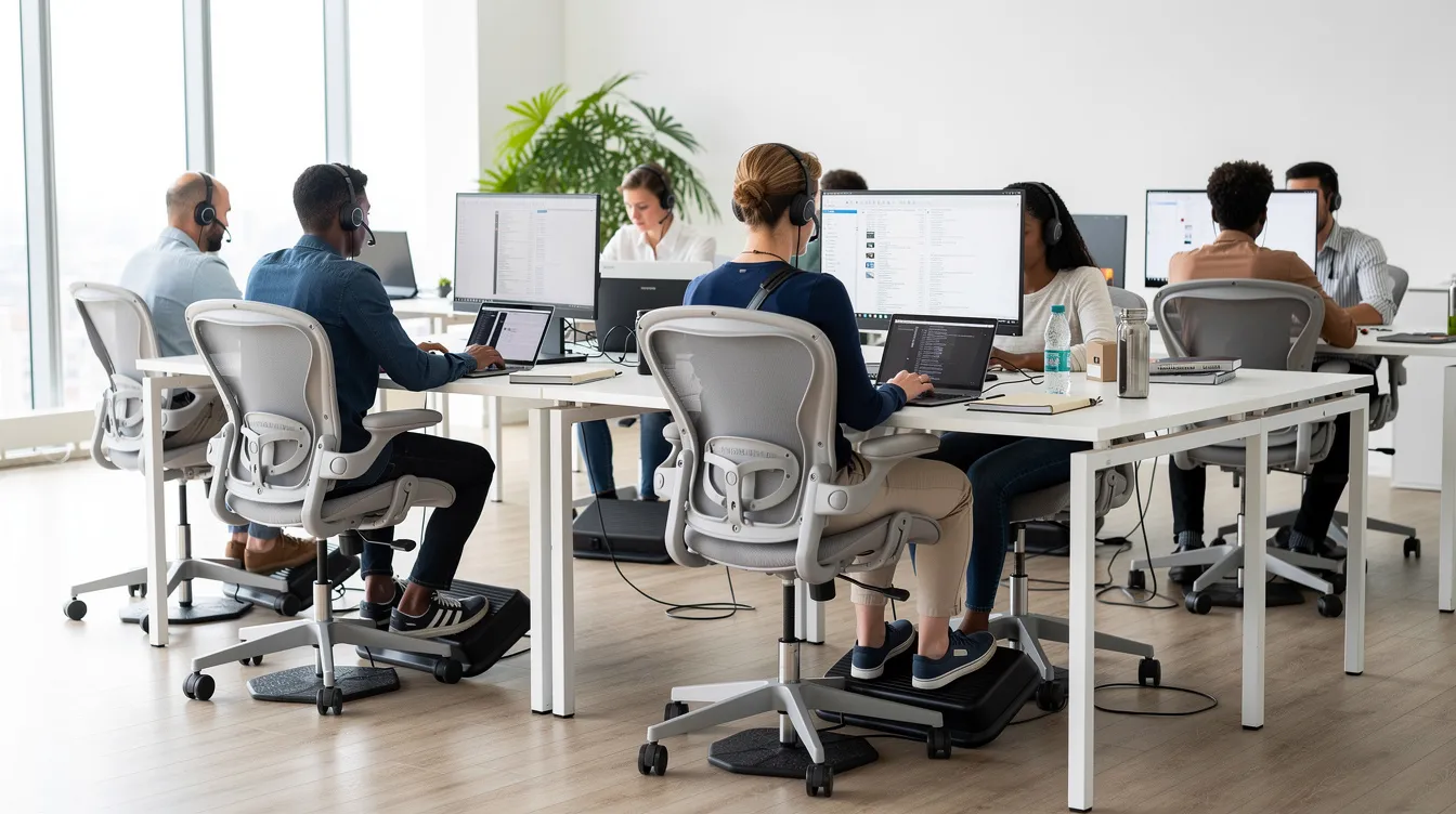 In einem modernen, offenen Büro arbeiten mehrere Angestellte an ihren Schreibtischen, während ergonomische Fußstützen unter den Tischen sichtbar sind. Diese Fußablagen bieten Unterstützung für die Füße und fördern eine gesunde Sitzhaltung, um Verspannungen und Rückenschmerzen vorzubeugen.