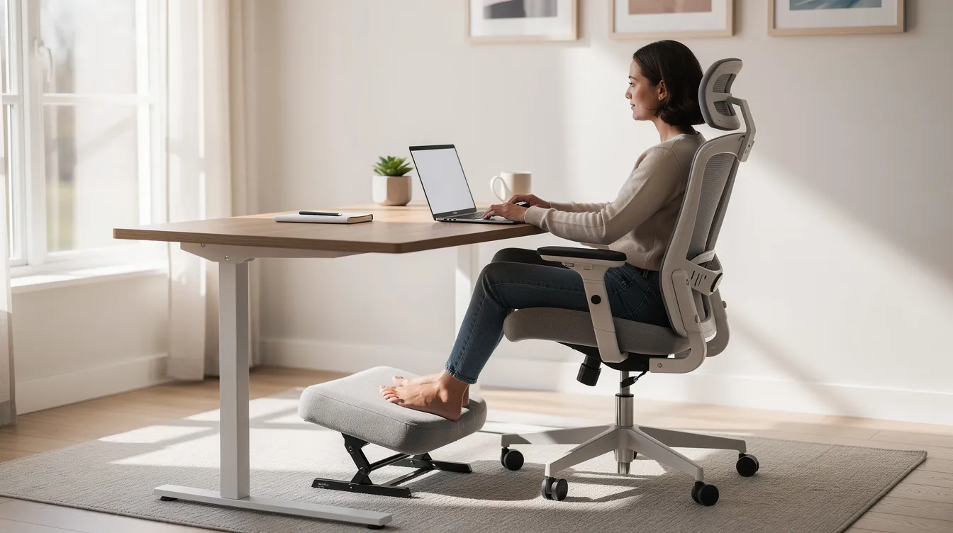 Eine Person sitzt an einem modernen Schreibtisch im Homeoffice, ihre Füße ruhen auf einer Fußstütze, während natürliches Licht durch das Fenster strömt. Die ergonomische Sitzhaltung fördert den Komfort und die Gesundheit während der Arbeit.