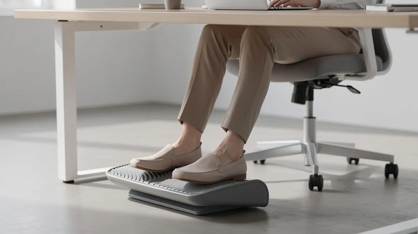 Nahaufnahme von Füßen, die bequem auf einer höhenverstellbaren Fußstütze unter einem Schreibtisch ruhen, wobei der richtige Kniewinkel und eine ergonomische Sitzposition sichtbar sind. Diese Einstellung fördert die Durchblutung und entlastet Rücken und Gelenke während der Arbeit im Büro.