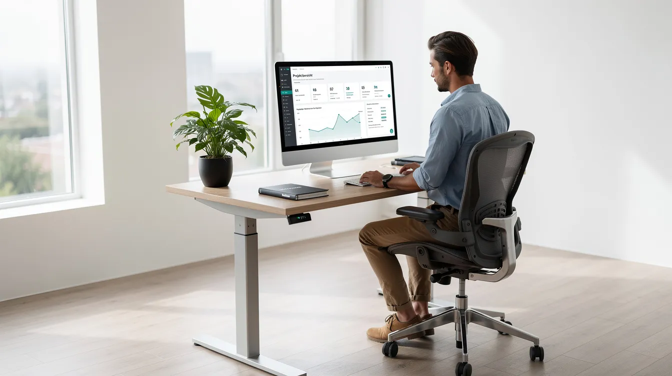 Eine Person steht an einem höhenverstellbaren Schreibtisch in einem hellen Büro und arbeitet mit einer Tastatur und Maus. Die ergonomische Gestaltung des Arbeitsplatzes fördert das Wohlbefinden und die Produktivität.