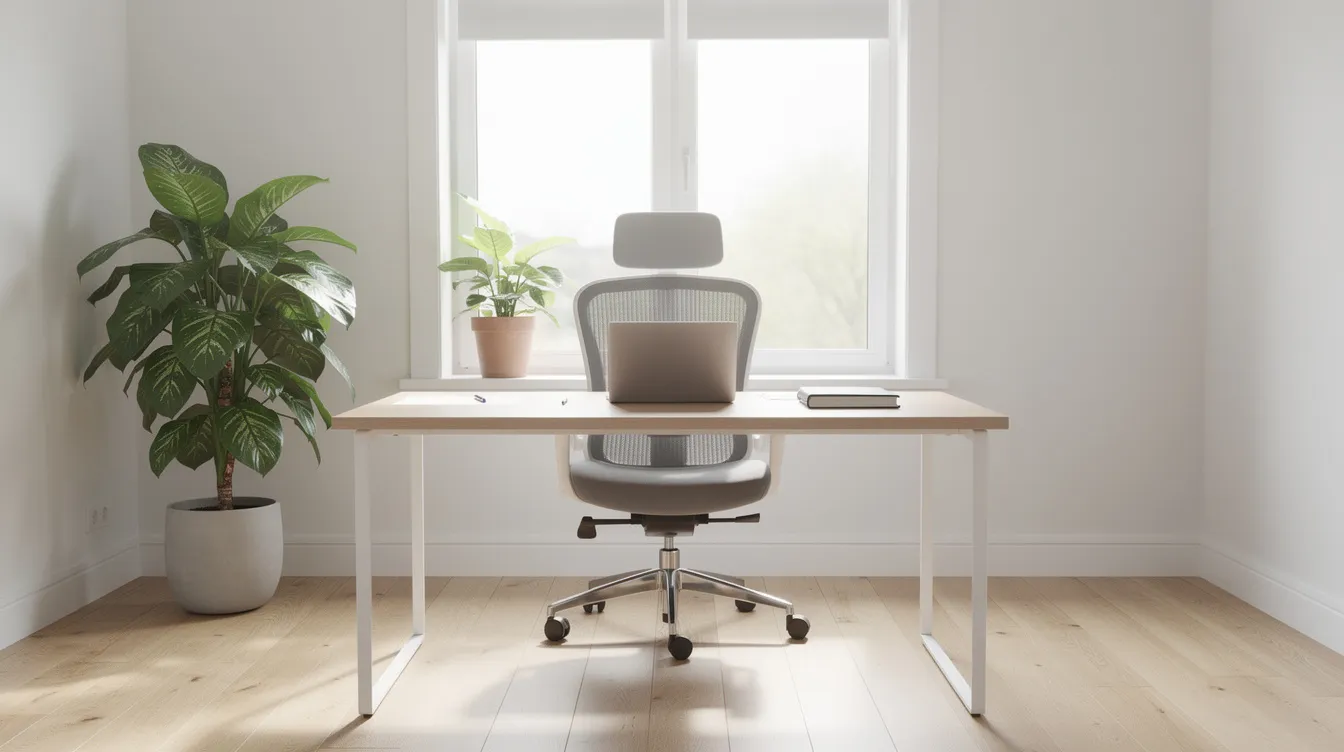 Das Bild zeigt ein aufgeräumtes Home-Office-Arbeitszimmer mit einem Schreibtisch, der direkt am Fenster steht und von natürlichem Licht erhellt wird. Eine Zimmerpflanze sorgt für eine angenehme Arbeitsatmosphäre und fördert das Wohlbefinden im Arbeitsbereich.