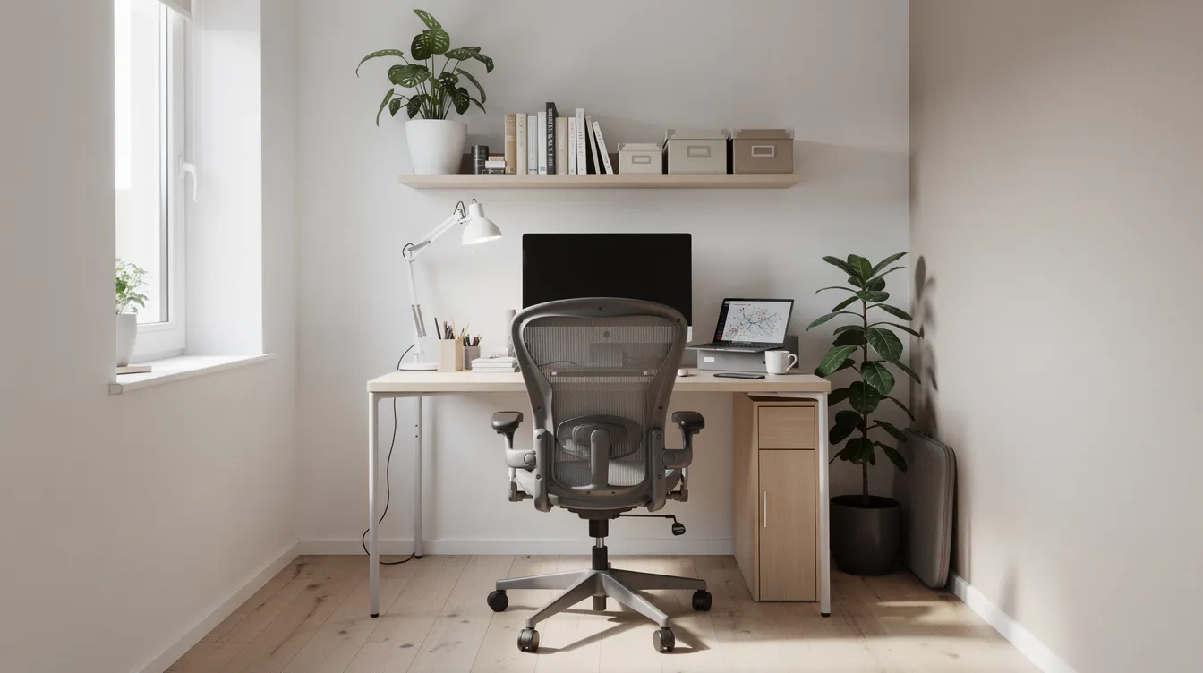 Das Bild zeigt ein kleines Homeoffice-Zimmer mit einem aufgeräumten Arbeitsplatz, bestehend aus einem Schreibtisch und einem Wandregal. Hinter dem Bürostuhl ist ausreichend Bewegungsfläche vorhanden, die eine angenehme Arbeitsatmosphäre fördert.