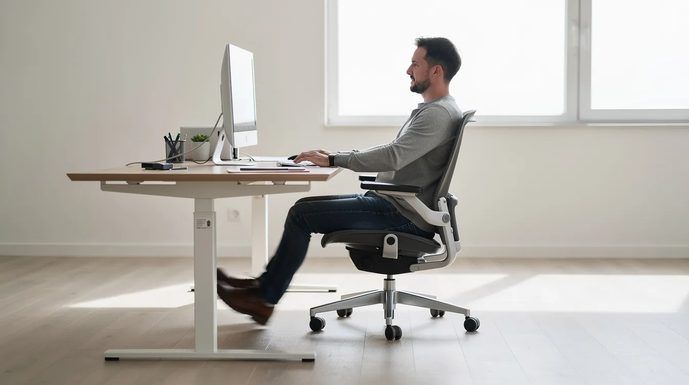 Das Bild zeigt einen Büroarbeitsplatz mit einem Schreibtisch und einem Bürostuhl, während eine Person mit dem Stuhl zurückrollt. Im Hintergrund ist freier Raum sichtbar, der Bewegungsfreiheit und eine angenehme Arbeitsumgebung fördert.